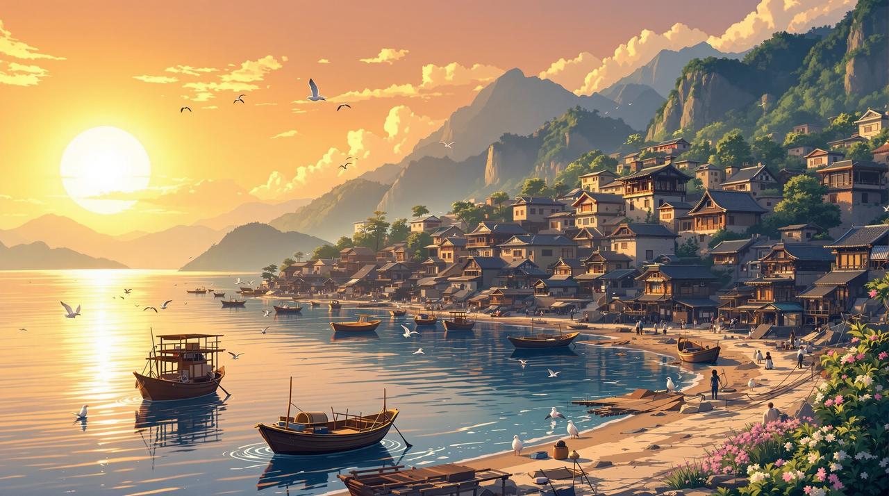 韩国短剧 - 海边渔村温暖黄昏全景，金色夕阳下的渔港，停泊的小渔船，传统石屋与远山